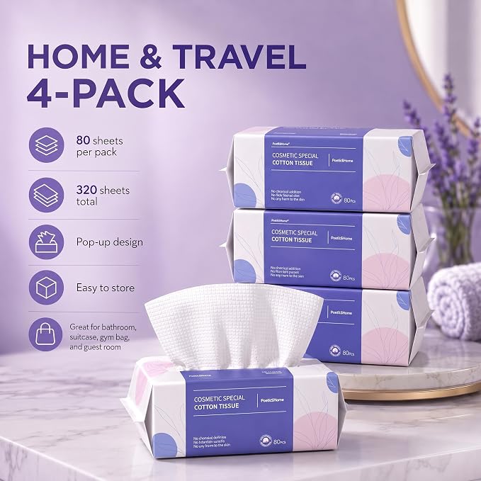 PoeticEHome Extra Thick Face Towels Disposable | Cotton Soft Dry Wipes Biodegradable for Facial Cleansing & Makeup Remover (4 Pack)