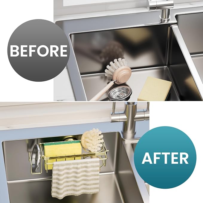TAILI 4-in-1 Sponge Holder for Kitchen Sink with Strong Suction Cup Removable, Rustproof Stainless Steel Sink Caddy for Sponge, Brush, Scrubber, Scraper -Gold