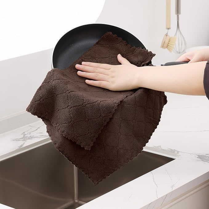 Homaxy 12 Pack Dish Towels for Kitchen (13 x 19 Inches, Brown), Super Soft and Absorbent Coral Velvet Dish Cloths for Washing Dishes, Nonstick Oil Fast Drying Microfiber Cleaning Cloth