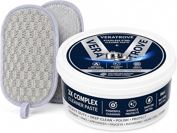Stainless Steel Cookware Cleaner Paste for Pots and Pans | Non-scratch metal polish paste helps clean burnt stains, grease and grime on stainless steel pots, pans, cookware and sinks