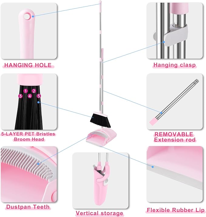 BSKLIN Broom and Dustpan Set for Home, 52” Long Handle Broom with Dustpan Combo Set with Dust Pan Teeth to Clean Hair Sweeping Set for Kitchen Hardwood Floors Pet Hair (Pink)