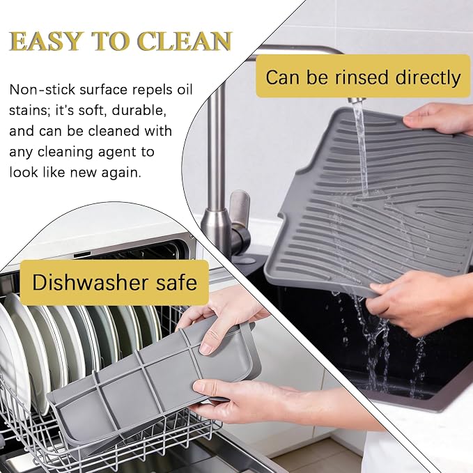 Silicone Drying Mat, 16"X13" With Built-in Drain Lip,Heat-Resistant,Eco-friendly,Hygienic Drying Pad,Leak-Proof and Non-Slip,Silicone Dish Drying Mat for Kitchen Counter or Sink（Gray 16X13）