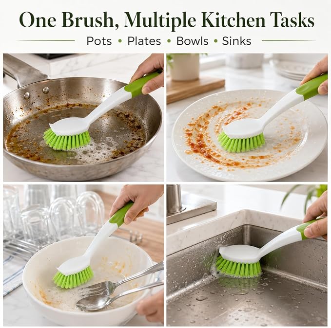 2-Pack Kitchen Green Scrub Brush for Cleaning Dishes Pots Pan Sink and Bathroom with Comfortable Long Handle