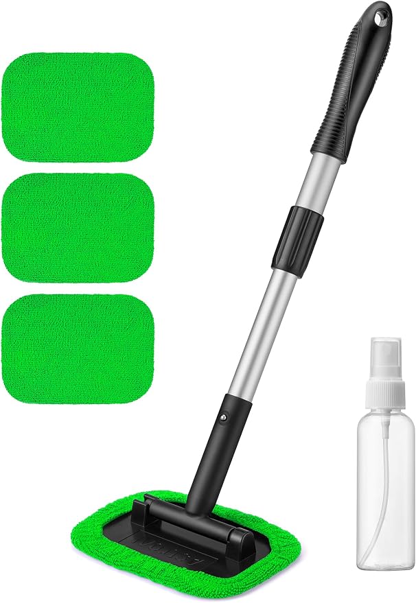 AstroAI Windshield Cleaner, Microfiber Window Cleaner with 4 Reusable Washable Large Sponge Pads, Extendable 180° Rotating Handle, Fits Cars & SUVs, Includes Spray Bottle, Green
