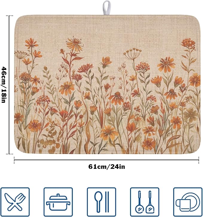 Fall Floral Dish Drying Mat for Kitchen Counter 18 x 24 Inch Autumn Sunflower Dish Drainer Mat Absorbent Microfiber Thanksgiving Dish Rack Pad for Coffee Dining Bar Kitchen Decor