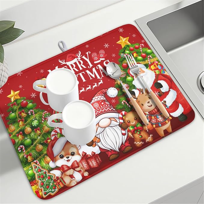 Merry Christmas Dish Drying Mat for Kitchen Counter 18x24 Inch | Xmas Theme Snowman Santa Claus Trees Pattern Dish Drainer Mat Rustic Holiday Absorbent Washable Drying Pad