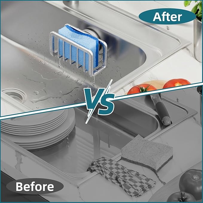 TAILI Sink Caddy with Strong Suction Cup, Sponge Holder for Kitchen Sink Oganizer, Removable Rustproof Aluminum Sponge Holder, Dish Brush for Scraper - Silver