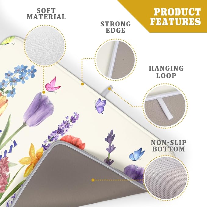Spring Summer Floral Dish Drying Mat for Kitchen Counter 18x24 Inch Spring Flowers Dish Drainer Rack Mats Absorbent Kitchen Drying Mat Botanical Floral Drainer Rack Mats for Kitchen Countertop Decor