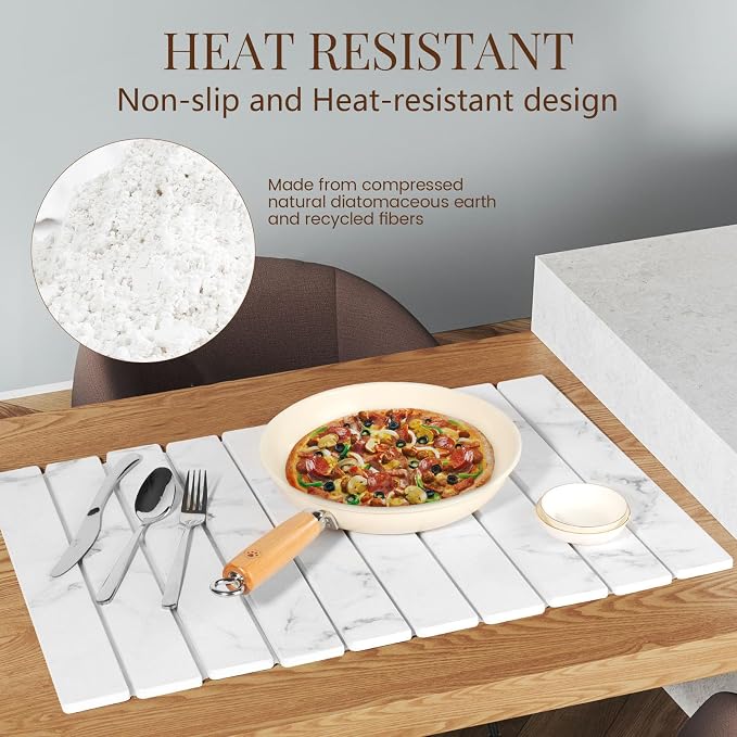 Large Stone Dish Drying Mats for Kitchen Counter 24"(L)×16"(W) Foldable Quick Dry Stone Dish Drying Mats Kitchen Absorbent Diatomaceous Earth Drying Stone Mat for Dishes Bottles Cups Marble White