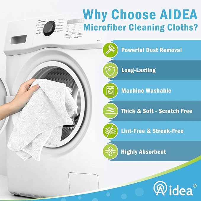 AIDEA White Microfiber Cleaning Cloth-8PK, Cleaning Rags 12"x 16" Reusable | Microfiber Towels for Cars Lint Free, Absorbent Microfiber Towels, Kitchen Towels Dusting Cloth Dish Rags, Cleaning Supplies