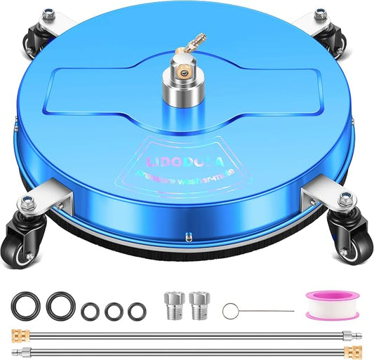 LidoDola 19'' Pressure Washer Surface Cleaner Blue, Power Washer Accessory | Stainless Steel Housing with 4 Wheels, 1/4" QC, 2 Extension Wands & 2 Replacement Nozzles, for Gas & Electric Pressure Washer