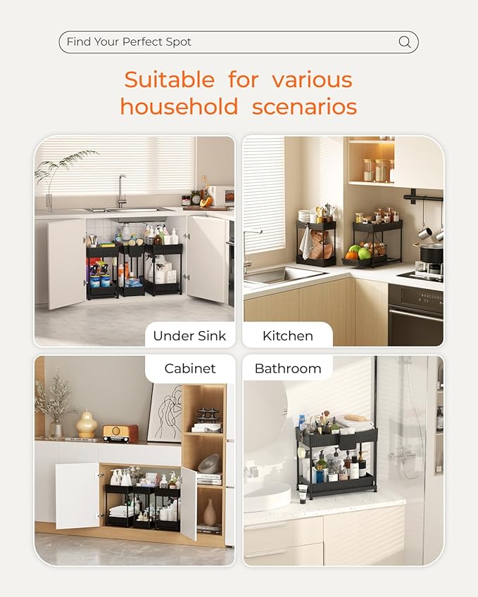 Sevenblue 3-Pack 2-Tier Under Sink Organizers with Sliding Drawers | Multi-use kitchen & bathroom storage, 12.8 inch black cabinet organizer, space-saving sliding drawer design.