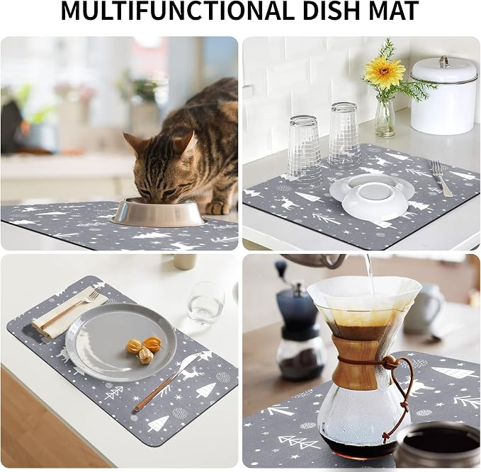 Christmas Dish Drying Mat, 12" x 19" Drying Mat for Kitchen Counter, Super Absorbent Coffee Mats Fits Under Coffee Maker, Kitchen Accessories for Espresso Machine, Gray
