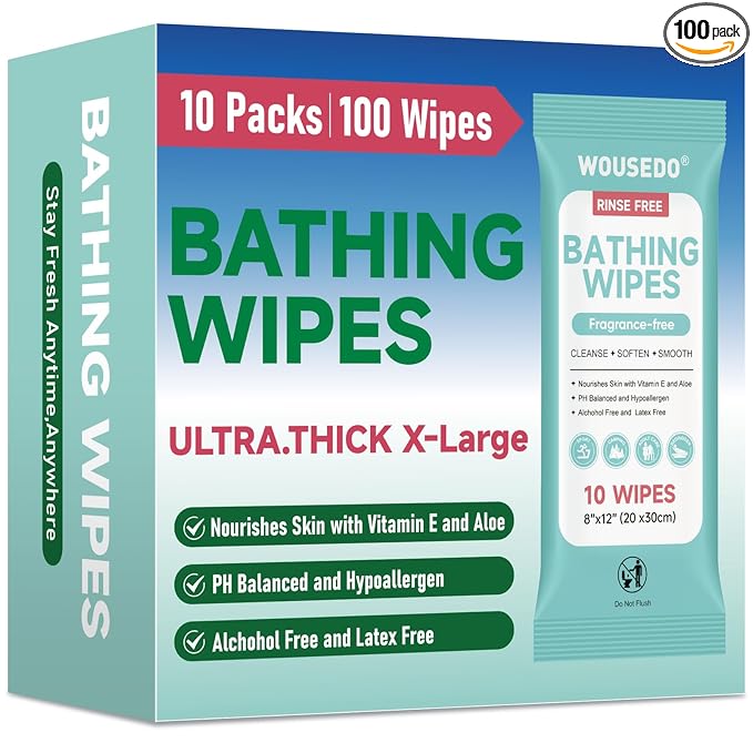 100 XL Shower Wipes, Body Wipes for Adults Bathing No Rinse | Hypoallergenic Unscented with Aloe & Vitamin E, Ideal for Camping, Travel, Gym & Bedridden Care, 10 Packs of 10