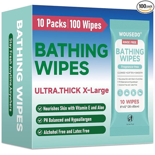 100 XL Shower Wipes, Body Wipes for Adults Bathing No Rinse | Hypoallergenic Unscented with Aloe & Vitamin E, Ideal for Camping, Travel, Gym & Bedridden Care, 10 Packs of 10