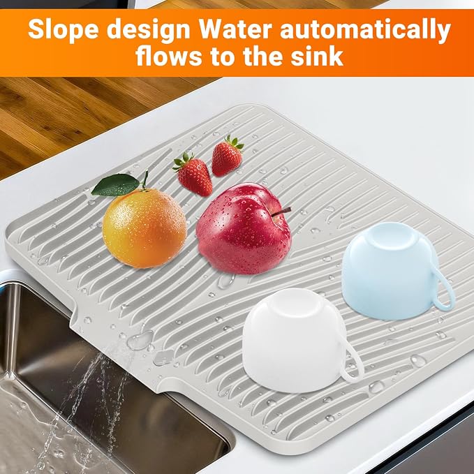 Silicone Dish Drying Mat for Kitchen counter, 15.8"x13" Extra Large Non-Slip Drain Pad with Built-in Drainage, Heat Resistant Dishwasher Safe, Cream