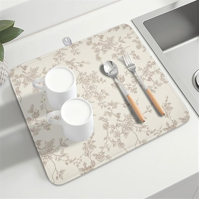 Brown and Cream Chinoiserie Floral Dish Drying Mat 16x18 Inch | Polyester，Absorbent Microfiber，for Kitchen Coffee Dining Bar Decor