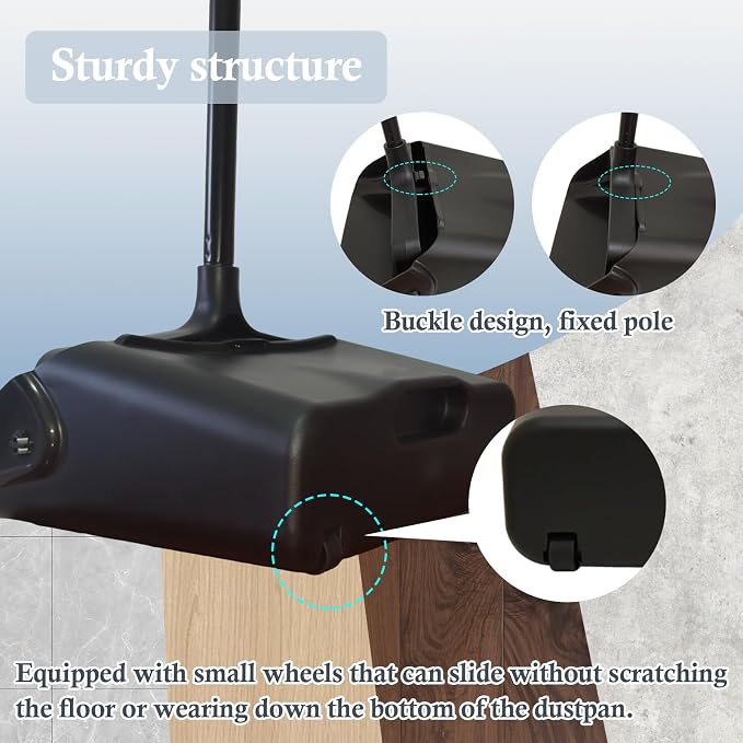 Pivoting Upright Dust Pan with Long Handle and Wheels, Large Capacity, Heavy Duty Commercial Dustpan for Indoor Outdoor, Standing Dust Pan for Home and Restaurant Cleaning, Black