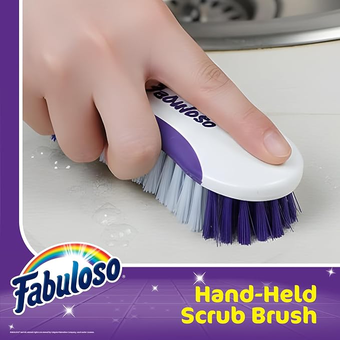 Fabuloso Compact Hand Scrub Brush, White and Purple, 6 Inch | Easy-grip rubber texture with firm bristles for kitchen, bathroom, tile, and baseboards