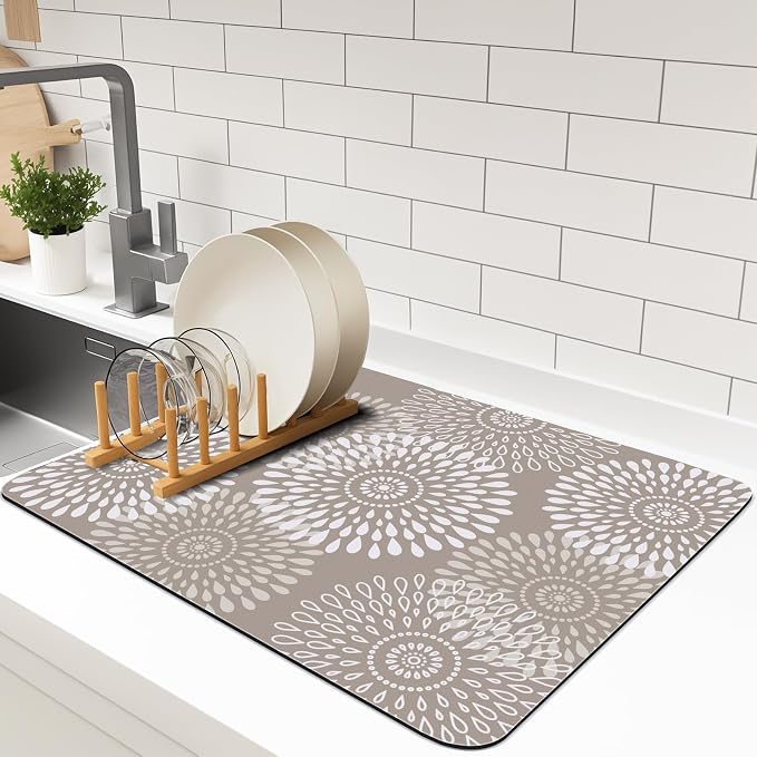 LuxStep Dish Drying Mat Super Absorbent Kitchen Counter Mat Rubber Backing Draining Mat Easy to Clean Kitchen Accessories Dish Rack Pad for Dishes, Utensils, Countertops, Sinks 15" x 18" Khaki
