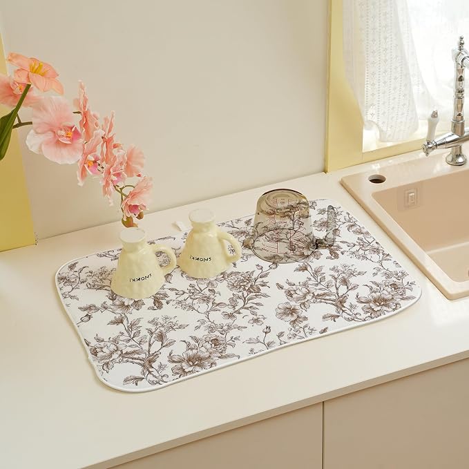 Brown Floral Dish Drying Mats 18x24 Inch Brown Chinoiserie Flower Holiday Kitchen Decor Absorbent Drying Pad Rack Drainer Mats for Kitchen Dining Room Counter