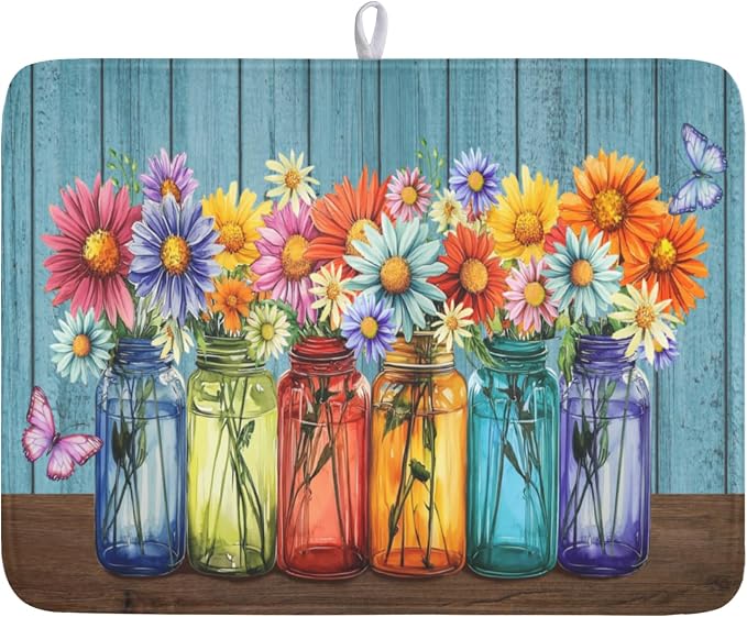 Vintage Floral Dish Drying Mat for Kitchen Counter Rustic Flower Vases Wooden Board Microfiber Dish Drainer Mat Spring Summer Absorbent Washable Drying Pad Extra Large 18"x24"