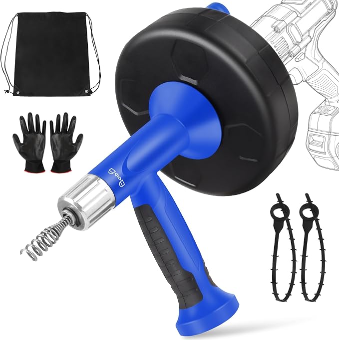 XJX Drain Auger, Plumbing Snake with Drill Adapter, 25FT Flexible Steel Drain Clog Remover, Manual or Powered for Kitchen, Bathroom & Shower Sink, with Gloves and Storage Bag Blue