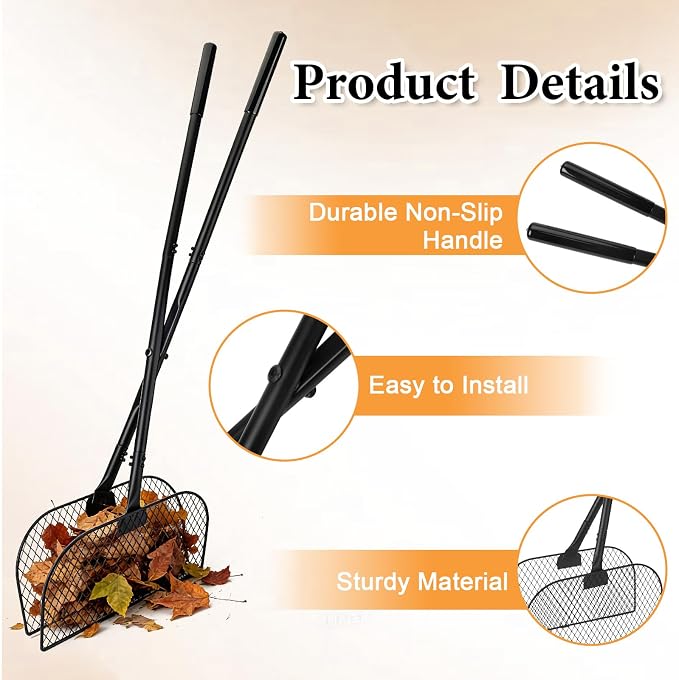 Metal Leaves Rakes with Long Handle, Lightweight Leaf Collector for Gardening, Leaf and Grass Picker Upper Tool, Ideal for Yard Shrub Cleanup