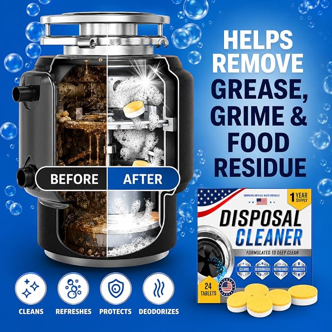 Garbage Disposal Cleaner Deodorizer Tablets, XL Citrus Foaming Tablet for Kitchen Sink Residues Freshener, Drain Cleaner & Odor Eliminator, Septic Safe Kitchen Disposal Care, 24 Pack for 1 Year Supply
