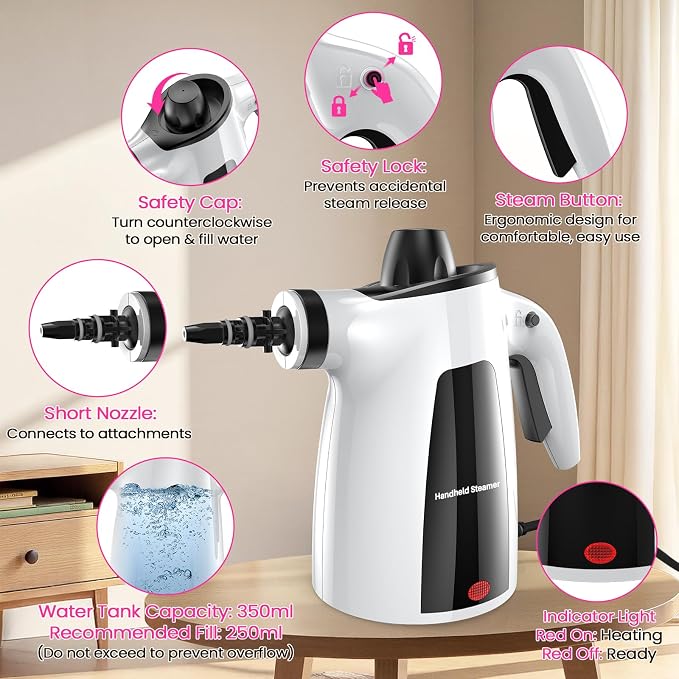 Pressurized Handheld Steam Cleaner, 12Pcs Portable Deep Cleaning Steamer | Natural Deep Cleaning, Multi-Purpose for Home, Grout, Kitchen, Car, Window, Upholstery, Bathroom and Clothes