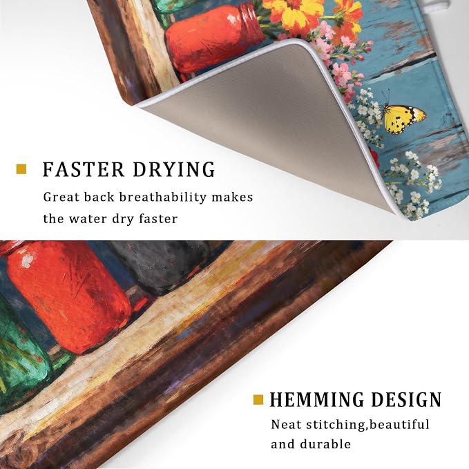 Floral Dish Drying Mat for Kitchen Counter 18x24, Spring Summer Farmhouse Decorative Absorbent Reversible Microfiber Kitchen Countertop Protector Dishes Drainer Pad