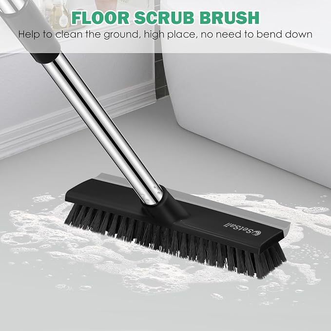 SetSail Floor Scrub Brush, 51-Inch Adjustable Long Handle Brush, Black Grey | 2 in 1 Scrape Brush Stiff Bristle Floor Scrubber for Cleaning Shower Bathroom Garage Kitchen Wall Deck Tub Tile