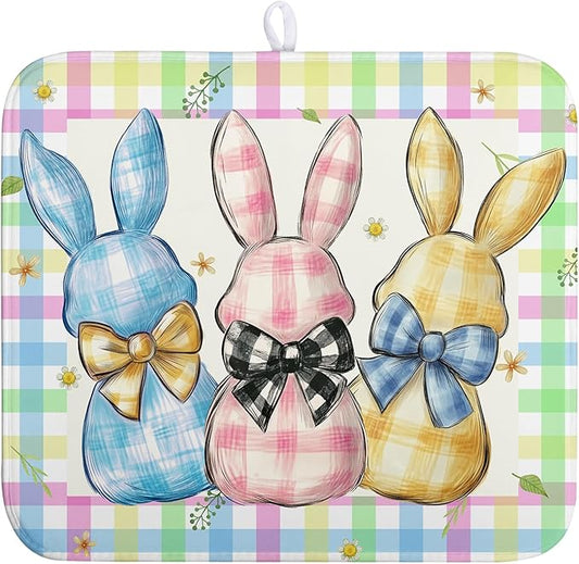 Easter Drying Mat for Kitchen Counter - 16x18 In, Multi-color (Buffalo Plaid), Microfiber & Composite Sponge, Cute Bunny Pattern, Absorbent Dish Drainer Mat