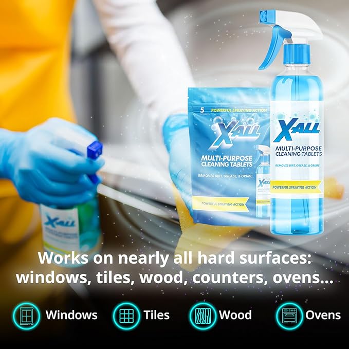 X-ALL Multi-Purpose Cleaner - Spray Bottle and 5x Cleaning Tablets - Cleaner for Oven, Kitchen & Floor surfaces, and Removes Grease and Grime