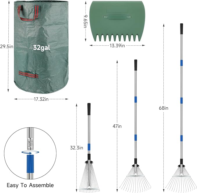 SANLIKE 68" Adjustable Metal Leaf Rake, Heavy Duty Thatch Rake Include Bag | Sturdy metal rake head with extendable 68-inch adjustable handle, heavy-duty durable structure for lawn thatch & leaf cleanup