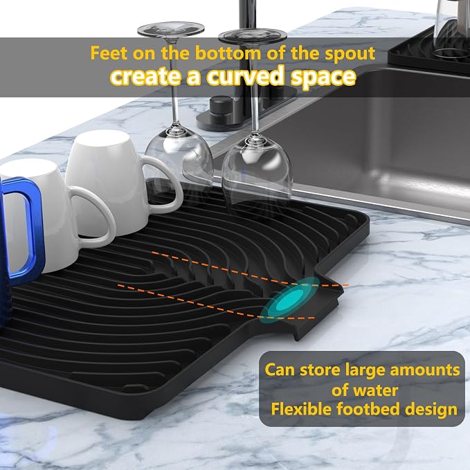 Silicone Dish Drying Mat for Kitchen Counter , Dish Drying Rack Matt with Built in Drain, 18 Inch dish Dry Mats for Kitchen Counter,Bumps up sinks Applicable (18×12inch Extra Raised, black)