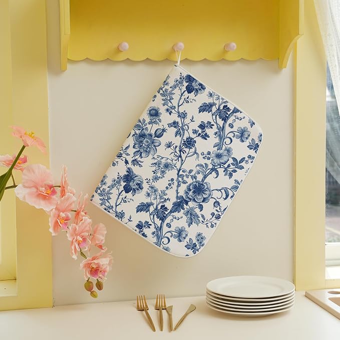 Blue Floral Dish Drying Mat 18 x 24 Inch Vintage Navy Blue Floral Drying Mat for Kitchen Counter Absorbent Spring Summer Flower Dishes Dry Pad for Drainer Rack Kitchen Fast Dry