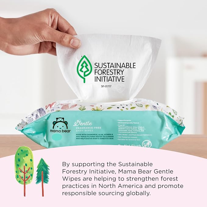 Amazon Brand - Mama Bear Gentle Formulated without Fragrance Baby Wipes, Hypoallergenic, Sensitive Skin, Unscented, 800 Count (8 Packs of 100)