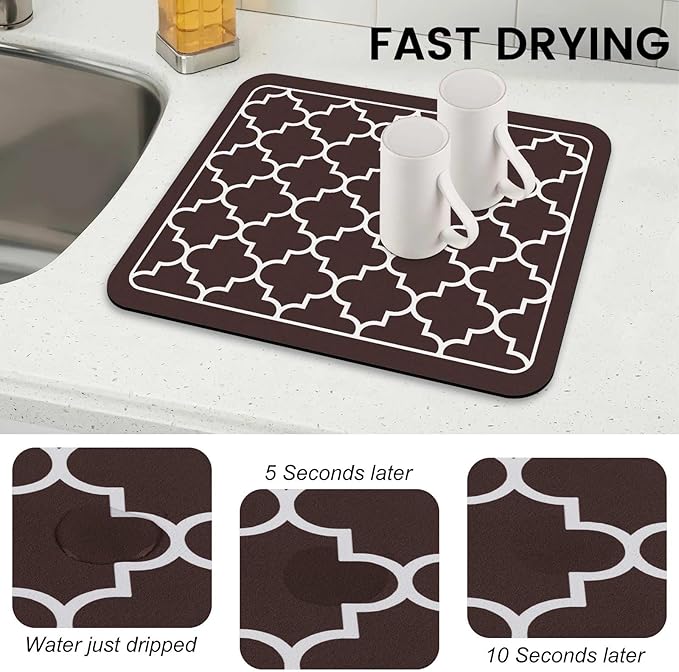 WISELIFE Dish Drying Mat Super Absorbent Drying Mat Large Dish Drying Mats for Kitchen Counter Easy Clean Dish Mat Kitchen Drying Mat15"x 18" Stylish Chocolate