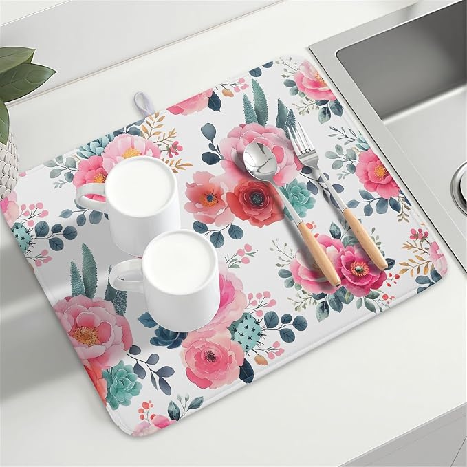 Spring Floral Dish Drying Mat for Kitchen Counter Spring Summer Flowers Kitchen Dish Drying Pad 18”x24” Absorbent Reversible Watercolor Flowers Dishes Drainer Pad Dish Drying Rack Mat for Countertop