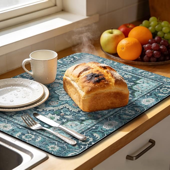 Dish Drying Mat, Vintage Rustic Boho Kitchen Dishes Absorbent Pad, 12x20in | Eco-friendly diatomite with non-slip rubber backing. Super absorbent mat for kitchen counters, coffee bars & sinks