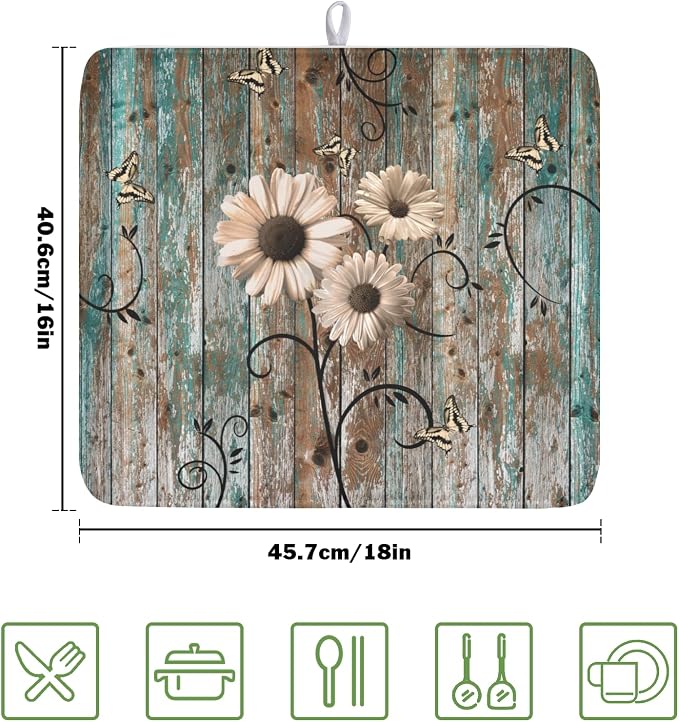 Vintage Daisy Floral Wooden Board Dish Drying Mat 16x18 Inch | Rustic，Polyester，Absorbent Microfiber，for Kitchen Coffee Dining Bar Decor