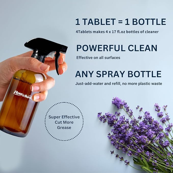 flowcheer Multi-Surface Cleaner Kits-2 Pack Reusable Spray Bottles & 4 Pack All Purpose Cleaner Refills Tablet, 4 x 16.9 Fl oz Bottles of Spray Cleaner Lemon and Lavender Scent