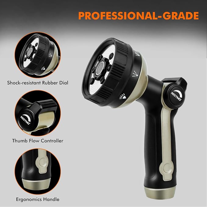 RESTMO Garden Hose Nozzle Heavy Duty, Metal Sprayer Nozzle Thumb Control | 8 Spray Patterns Full Shower Water Hose nozzle for Garden Hose, Ideal for Lawn & Plant Watering, Car & Pet Washing, Bronze