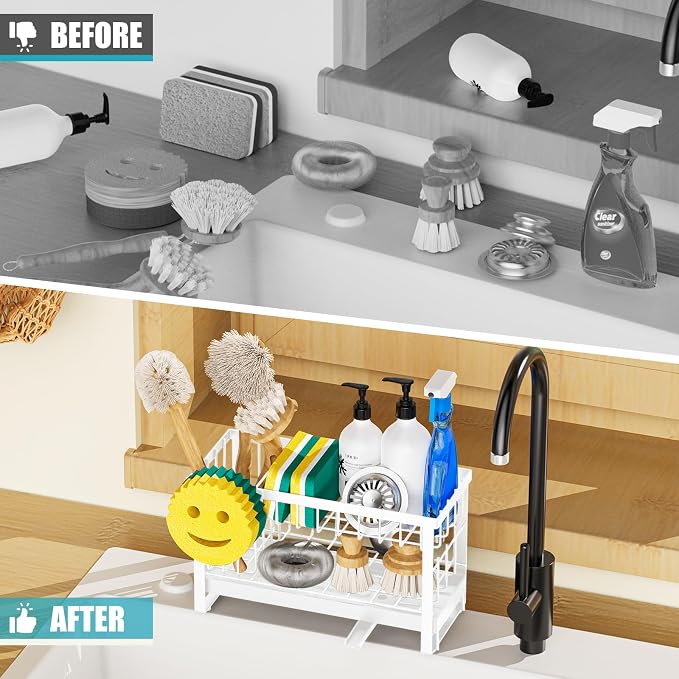 Sponge Holder for Kitchen Sink with Flexible Smiley Face, 2 Tier Kitchen Sink Organizer, Countertop and Storage Essentials, Soap Dispenser Organizer, Home Decor Accessories - White