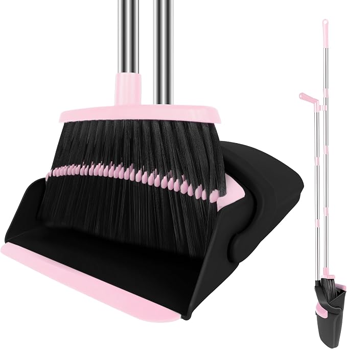 Pink Broom with Dustpan Combo Set, 51" Long Handle Household Cleaning Tool, Ideal Broom and Dustpan Set for Pet Hair and Home Use