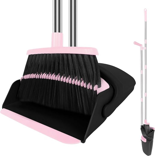 Pink Broom with Dustpan Combo Set, 51" Long Handle Household Cleaning Tool, Ideal Broom and Dustpan Set for Pet Hair and Home Use