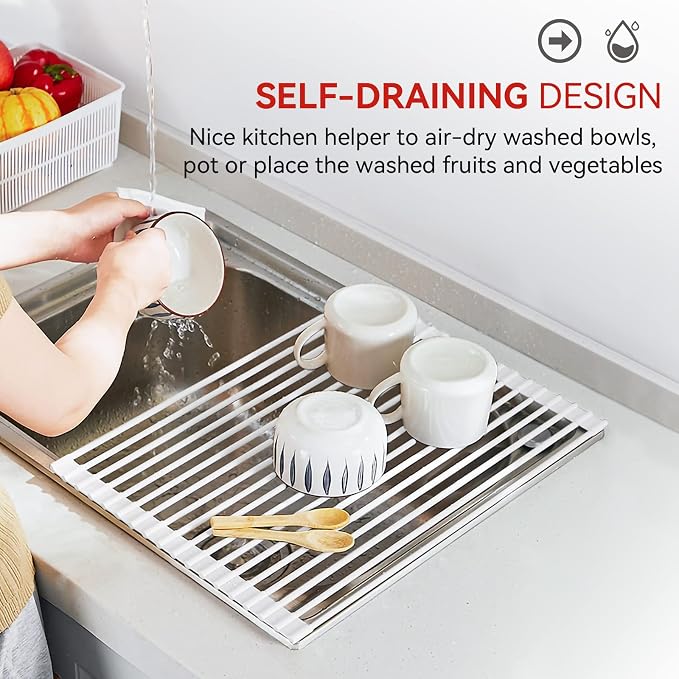 MERRYBOX Roll Up Dish Drying Rack Silicone Wrapped Over The Sink Dish Rack Foldable Dish Drainer Anti-Slip Dish Racks for Kitchen Counter, Multipurpose Kitchen Sink Drying Rack, 20.5" x 13", White