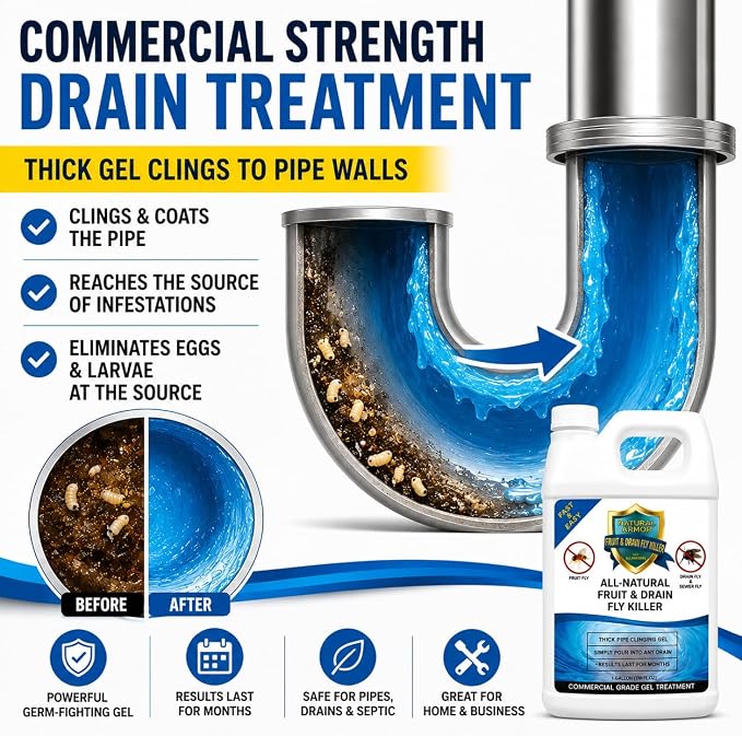 Natural Armor Drain Fly & Fruit Fly Killer (128 Oz, Case of 4) | Commercial Drain Treatment for Indoor Drains - Eliminates Drain Flies, Fruit Flies, Gnats & Sewer Flies - Septic Safe