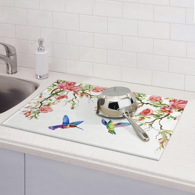 Hummingbird Butterfly Magnolia Dish Drying Mat For Kitchen Counter, Super Absorbent Microfiber Dish Drying Pad, Kitchen Gadgets For Easy Clean Multi-Use Large 18"x24"